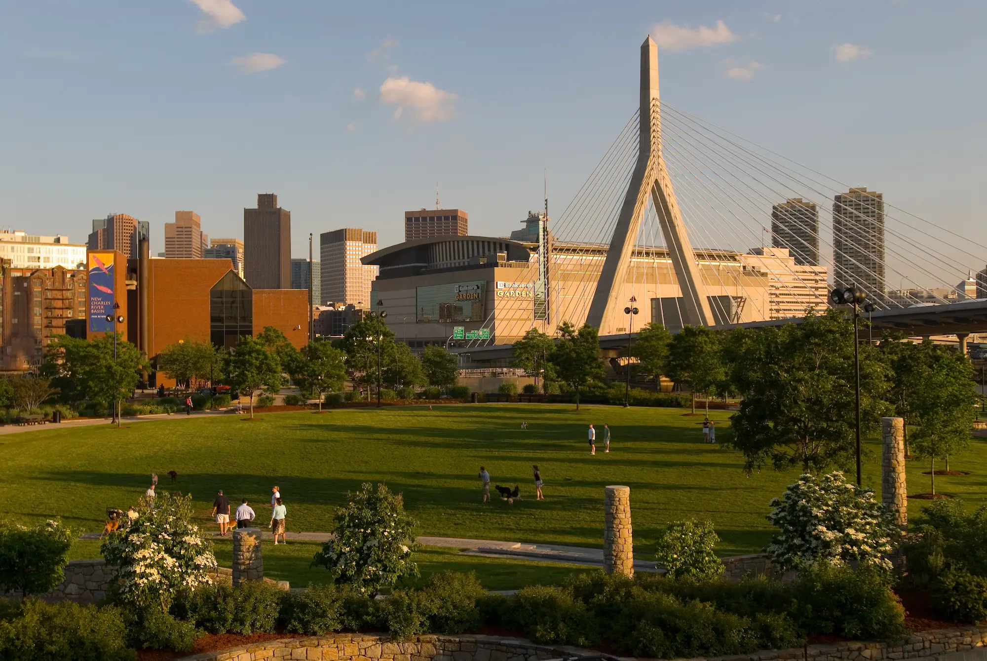 A view of Paul Revere Park with the Bunker Hill Bridge in the background.