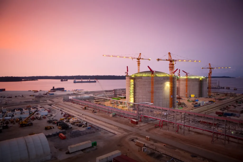 Looking from LNG Tank A toward the propane tank and butane tank area as dusk falls on the Angola LNG Project.