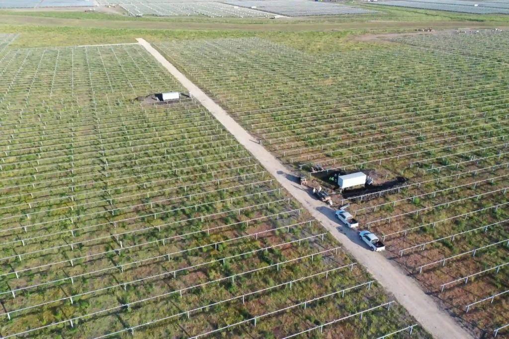 Aerial view of early construction site preparation at Cutlass Solar 1